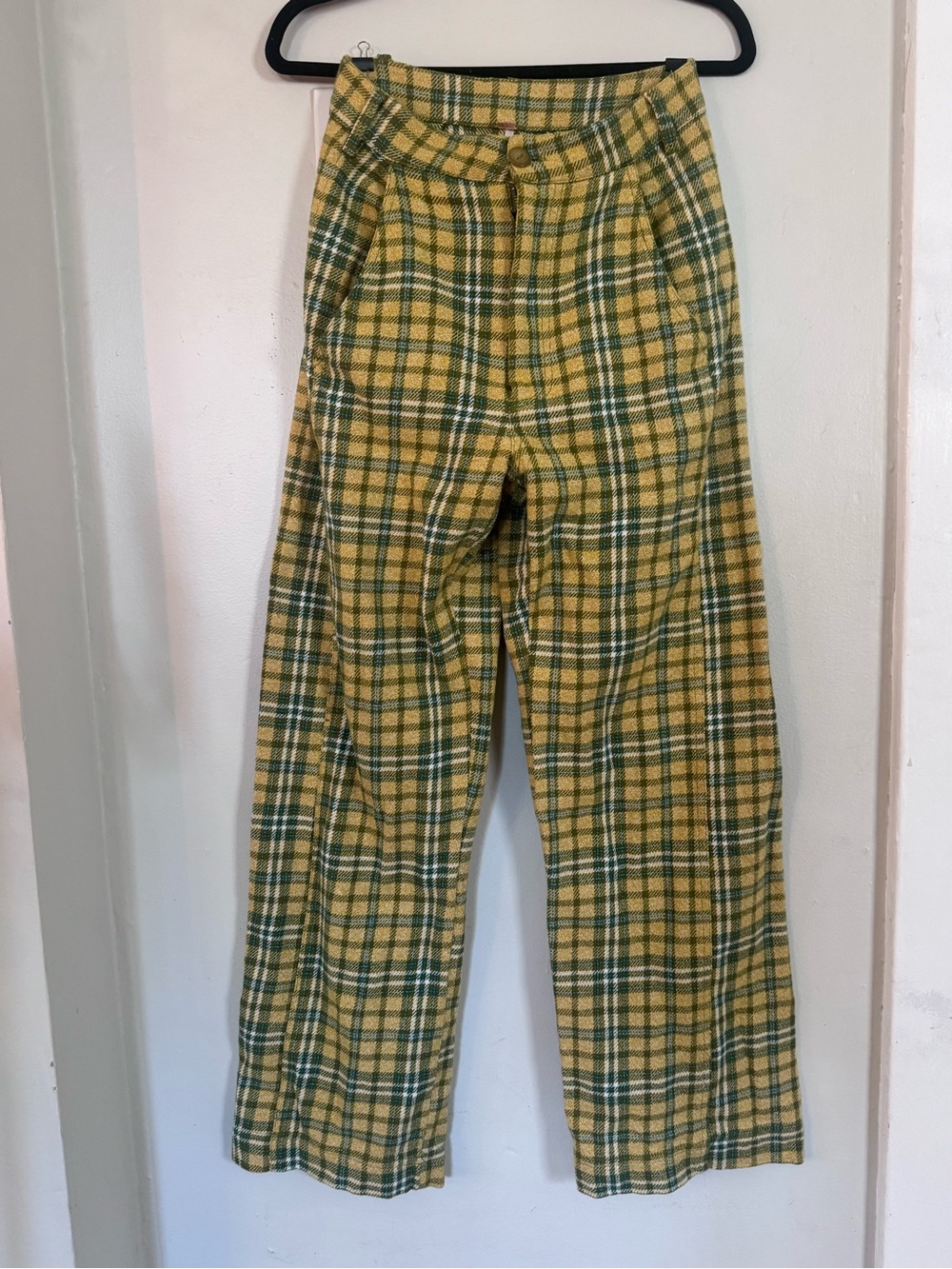 Free People Shape Up Plaid Trousers Yellow & Green Wide-Leg Pants - Picture 3 of 5